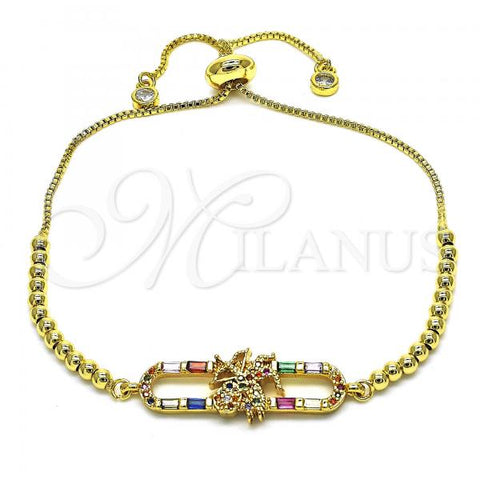Oro Laminado Adjustable Bolo Bracelet, Gold Filled Style Angel Design, with Multicolor Cubic Zirconia and Multicolor Micro Pave, Polished, Golden Finish, 03.362.0010.11