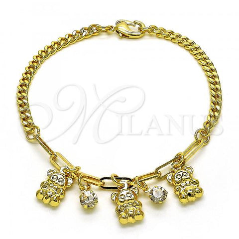 Oro Laminado Charm Bracelet, Gold Filled Style Teddy Bear and Paperclip Design, with White Crystal, Polished, Golden Finish, 03.63.2237.07