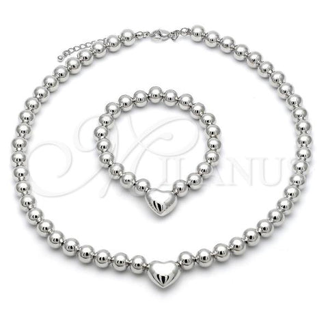 Rhodium Plated Necklace and Bracelet, Heart and Ball Design, Polished, Rhodium Finish, 06.341.0009.1