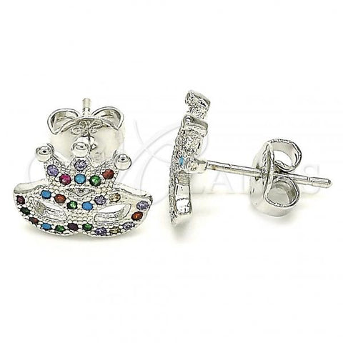 Rhodium Plated Stud Earring, Crown Design, with Multicolor Micro Pave, Polished, Rhodium Finish, 02.233.0007.1