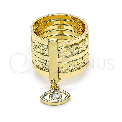 Oro Laminado Multi Stone Ring, Gold Filled Style Semanario and Evil Eye Design, with White Cubic Zirconia, Diamond Cutting Finish, Golden Finish, 01.253.0033.1.09 (Size 9)