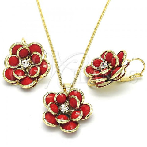 Oro Laminado Earring and Pendant Adult Set, Gold Filled Style Flower Design, with Garnet and White Crystal, Polished, Golden Finish, 10.64.0158.2