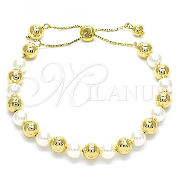 Oro Laminado Adjustable Bolo Bracelet, Gold Filled Style Ball Design, with Ivory Pearl, Polished, Golden Finish, 03.63.2217.2.12