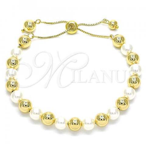 Oro Laminado Adjustable Bolo Bracelet, Gold Filled Style Ball Design, with Ivory Pearl, Polished, Golden Finish, 03.63.2217.2.12