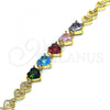 Oro Laminado Fancy Bracelet, Gold Filled Style Heart Design, with Multicolor Cubic Zirconia, Polished, Golden Finish, 03.283.0075.07