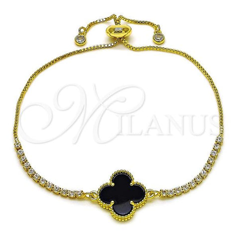 Oro Laminado Adjustable Bolo Bracelet, Gold Filled Style Four-leaf Clover and Box Design, with Black Mother of Pearl and White Cubic Zirconia, Polished, Golden Finish, 03.341.0235.4.11