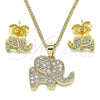 Oro Laminado Earring and Pendant Adult Set, Gold Filled Style Elephant Design, with White Micro Pave, Polished, Golden Finish, 10.156.0339