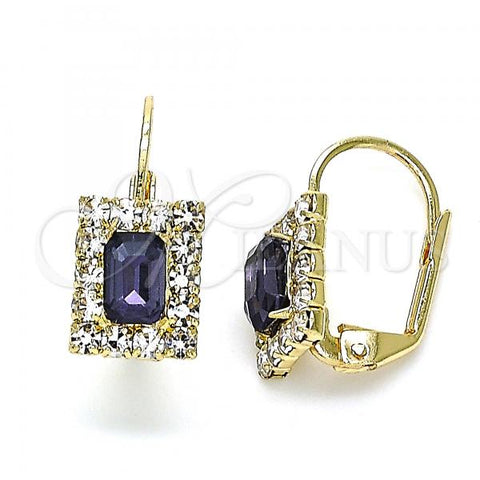 Oro Laminado Leverback Earring, Gold Filled Style with White and Amethyst Cubic Zirconia, Polished, Golden Finish, 5.125.022