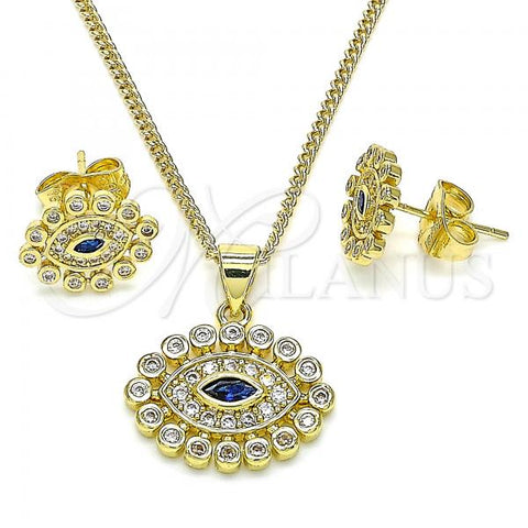 Oro Laminado Earring and Pendant Adult Set, Gold Filled Style Evil Eye Design, with Sapphire Blue and White Micro Pave, Polished, Golden Finish, 10.156.0347