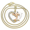 Oro Laminado Pendant Necklace, Gold Filled Style Heart and Dolphin Design, with White and Black Crystal, Polished, Tricolor, 04.380.0029.20