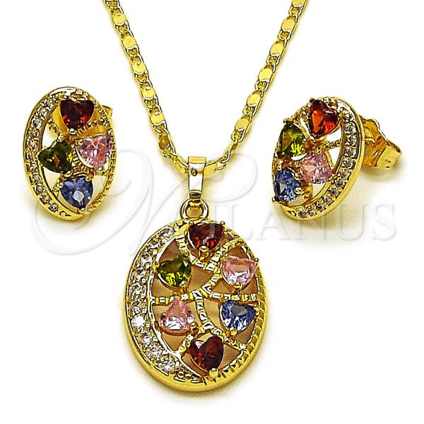 Oro Laminado Earring and Pendant Adult Set, Gold Filled Style Heart Design, with Multicolor and White Cubic Zirconia, Polished, Golden Finish, 10.196.0188