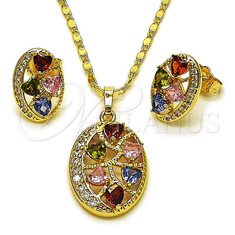 Oro Laminado Earring and Pendant Adult Set, Gold Filled Style Heart Design, with Multicolor and White Cubic Zirconia, Polished, Golden Finish, 10.196.0188