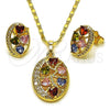 Oro Laminado Earring and Pendant Adult Set, Gold Filled Style Heart Design, with Multicolor and White Cubic Zirconia, Polished, Golden Finish, 10.196.0188