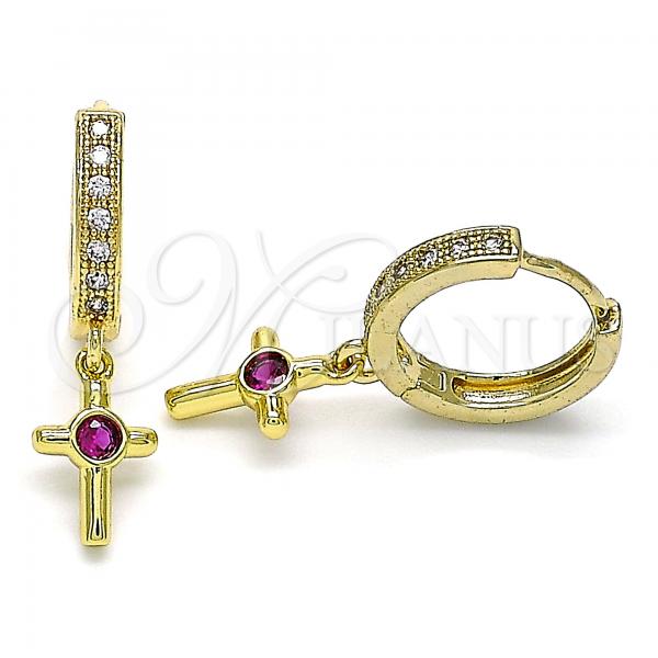 Oro Laminado Huggie Hoop, Gold Filled Style Cross Design, with Ruby Cubic Zirconia and White Micro Pave, Polished, Golden Finish, 02.368.0068.15