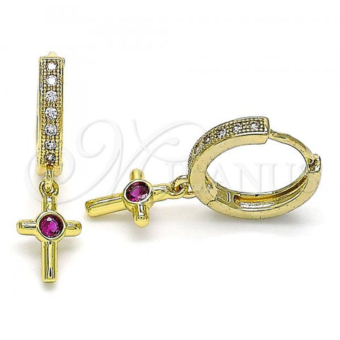 Oro Laminado Huggie Hoop, Gold Filled Style Cross Design, with Ruby Cubic Zirconia and White Micro Pave, Polished, Golden Finish, 02.368.0068.15