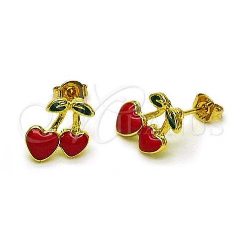 Oro Laminado Stud Earring, Gold Filled Style Cherry and Heart Design, Red Enamel Finish, Golden Finish, 02.417.0009