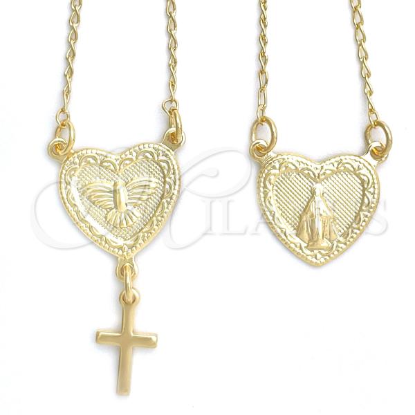 Oro Laminado Fancy Necklace, Gold Filled Style Heart and Cross Design, Polished, Golden Finish, 04.02.0014