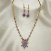 Oro Laminado Necklace and Earring, Gold Filled Style Teardrop Design, with Amethyst and White Cubic Zirconia, Polished, Golden Finish, 06.236.0005.1