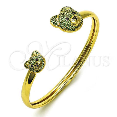 Oro Laminado Individual Bangle, Gold Filled Style Teddy Bear Design, with Green and Black Micro Pave, Polished, Golden Finish, 07.368.0012.1