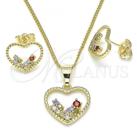 Oro Laminado Earring and Pendant Adult Set, Gold Filled Style Heart Design, with Multicolor Micro Pave, Polished, Golden Finish, 10.284.0010.2