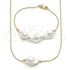 Oro Laminado Necklace and Bracelet, Gold Filled Style Box Design, with Ivory Pearl, Polished, Golden Finish, 06.63.0296