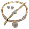 Oro Laminado Necklace, Bracelet and Earring, Gold Filled Style Heart Design, with White Crystal, Polished, Golden Finish, 06.372.0030