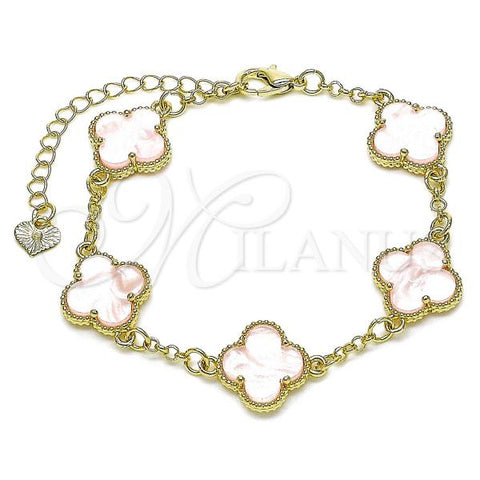 Oro Laminado Fancy Bracelet, Gold Filled Style Four-leaf Clover and Rolo Design, with Pink Mother of Pearl, Polished, Golden Finish, 03.414.0001.07