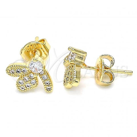 Oro Laminado Stud Earring, Gold Filled Style Dragon-Fly Design, with White Cubic Zirconia and White Micro Pave, Polished, Golden Finish, 02.199.0028