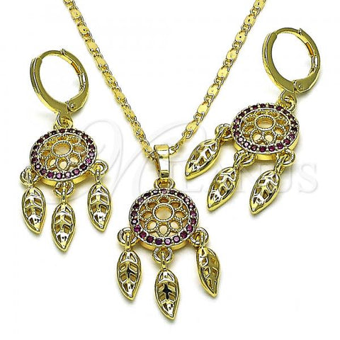 Oro Laminado Earring and Pendant Adult Set, Gold Filled Style Flower and Leaf Design, with Ruby Micro Pave, Polished, Golden Finish, 10.196.0083