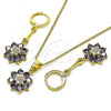 Oro Laminado Earring and Pendant Adult Set, Gold Filled Style Flower Design, with Amethyst and White Cubic Zirconia, Polished, Golden Finish, 10.387.0011.2