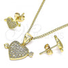 Oro Laminado Earring and Pendant Adult Set, Gold Filled Style Heart Design, with White Micro Pave, Polished, Golden Finish, 10.342.0063