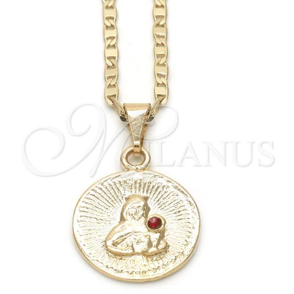 Oro Laminado Pendant Necklace, Gold Filled Style Sagrado Corazon de Maria Design, with Garnet Cubic Zirconia, Polished, Golden Finish, 04.09.0168.1.18