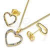 Oro Laminado Earring and Pendant Adult Set, Gold Filled Style Heart Design, with Multicolor Micro Pave, Polished, Golden Finish, 10.94.0004.2