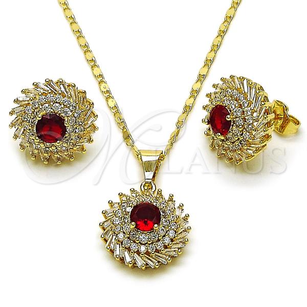 Oro Laminado Earring and Pendant Adult Set, Gold Filled Style Cluster and Baguette Design, with Garnet and White Cubic Zirconia, Polished, Golden Finish, 10.284.0047.2