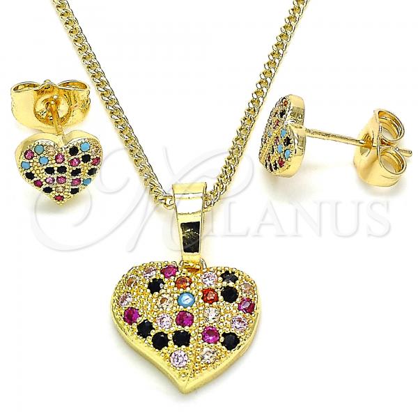 Oro Laminado Earring and Pendant Adult Set, Gold Filled Style Heart Design, with Multicolor Micro Pave, Polished, Golden Finish, 10.233.0045.2