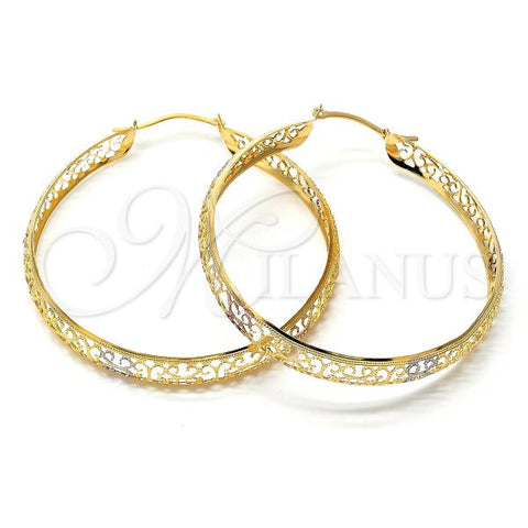 Oro Laminado Large Hoop, Gold Filled Style Filigree Design, Diamond Cutting Finish, Tricolor, 02.32.0281
