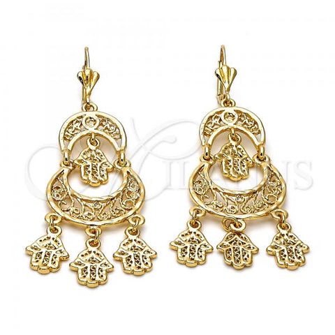 Oro Laminado Chandelier Earring, Gold Filled Style Hand and Hand of God Design, Diamond Cutting Finish, Golden Finish, 5.112.008