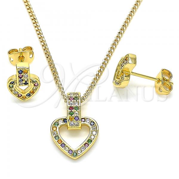 Oro Laminado Earring and Pendant Adult Set, Gold Filled Style Heart Design, with Multicolor Cubic Zirconia, Polished, Golden Finish, 10.342.0011.1