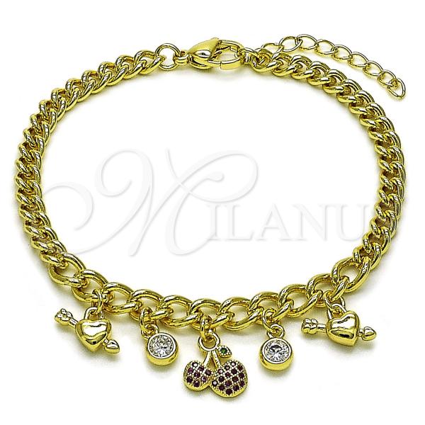 Oro Laminado Charm Bracelet, Gold Filled Style Cherry and Heart Design, with White Cubic Zirconia and Ruby Micro Pave, Polished, Golden Finish, 03.213.0322.07