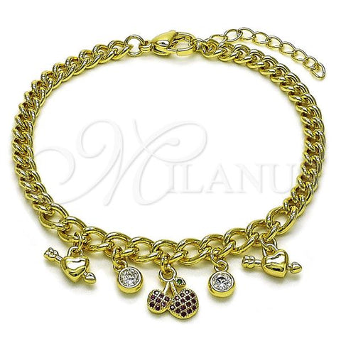 Oro Laminado Charm Bracelet, Gold Filled Style Cherry and Heart Design, with White Cubic Zirconia and Ruby Micro Pave, Polished, Golden Finish, 03.213.0322.07
