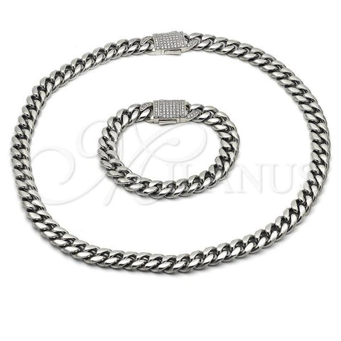 Stainless Steel Necklace and Bracelet, Miami Cuban Design, with White Crystal, Polished, Steel Finish, 06.116.0046