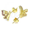 Oro Laminado Stud Earring, Gold Filled Style Butterfly Design, with Ruby Micro Pave, Polished, Golden Finish, 02.156.0374.2