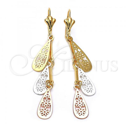 Oro Laminado Long Earring, Gold Filled Style Teardrop and Flower Design, Polished, Tricolor, 73.005