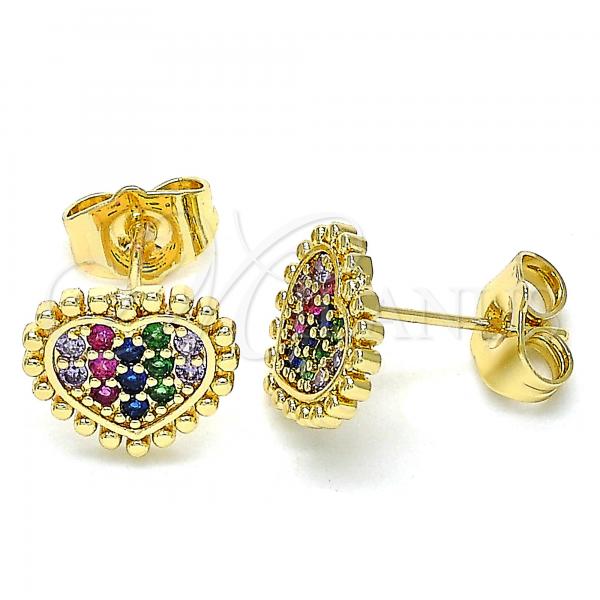 Oro Laminado Stud Earring, Gold Filled Style Heart Design, with Multicolor Micro Pave, Polished, Golden Finish, 02.210.0429.1