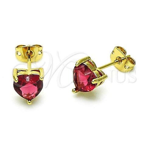 Oro Laminado Stud Earring, Gold Filled Style Heart Design, with Ruby Cubic Zirconia, Polished, Golden Finish, 02.342.0290.1