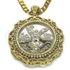 Oro Laminado Religious Pendant, Gold Filled Style Angel and Centenario Coin Design, with White Cubic Zirconia, Polished, Golden Finish, 05.380.0164