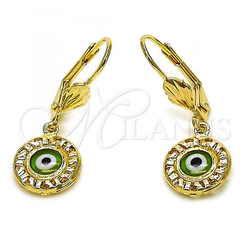 Oro Laminado Dangle Earring, Gold Filled Style Evil Eye Design, Green Resin Finish, Golden Finish, 5.039.015.1