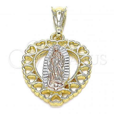Oro Laminado Religious Pendant, Gold Filled Style Guadalupe and Heart Design, Polished, Tricolor, 05.351.0201