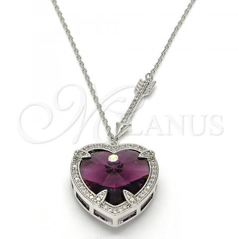 Rhodium Plated Pendant Necklace, Heart Design, with Amethyst Swarovski Crystals and White Micro Pave, Polished, Rhodium Finish, 04.239.0014.1.16
