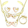Oro Laminado Necklace, Bracelet, Earring and Ring, Gold Filled Style Heart Design, Polished, Tricolor, 06.361.0024